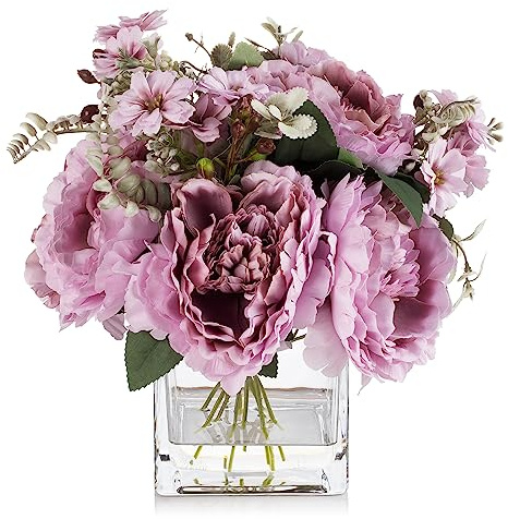 ENOVA FLORAL Künstliches Blumenarrangement mit Vase, gemischte künstliche Pfingstrosen aus Seide in Vase für Dekoration, Heimbüro, Hochzeitsdekoration (lila)