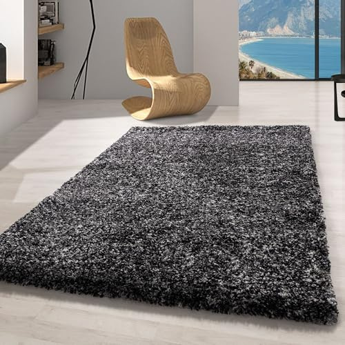 Carpetsale24 Hochflor Teppich 80x250 cm Anthrazit – Shaggy Langflor, Meliert, Flauschig & Robust, Jute-Rücken – Ideal für Flur, Küche oder schmale Räume