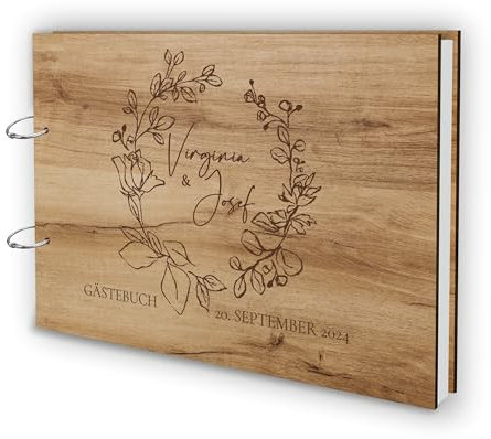 Manschin-Laserdesign Holz Gästebuch Love Hochzeit Echtholz mit individueller Lasergravur | 50 Blätter (100 Seiten) | DIN A4 |