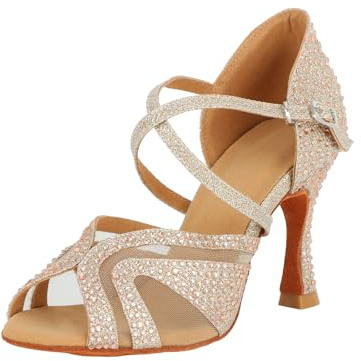 Jywmsc Damen Glitzer Strass Ballroom Latein Tanzschuhe Peep Toe Cross Strap Social Salsa Tango Tanzschuhe Sandalen für Die Hochzeitsfeier
