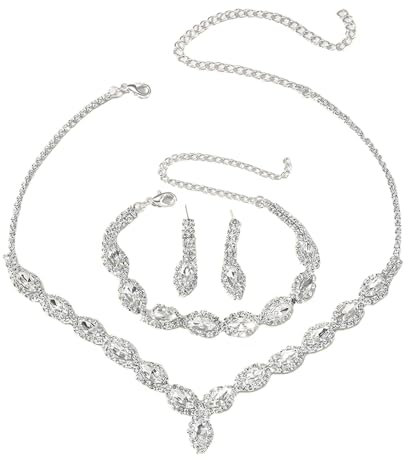QKEPCY Hochzeit Braut Schmuckset für Damen, Tropfen Kristall Halskette Ohrringe Armband Set Strass Silber Schmuck Set für Hochzeit Verlobung Braut Brautjungfer Party Geschenke für Frauen
