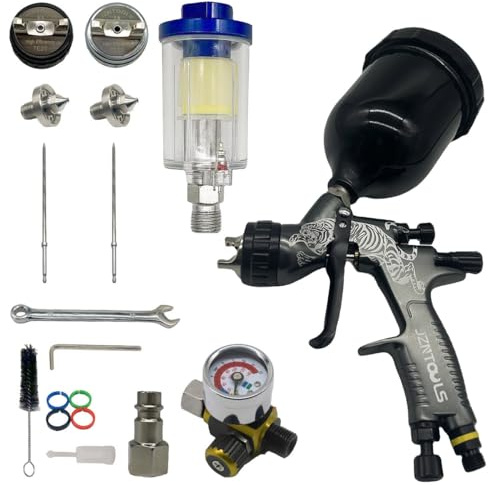 JZNTOOLS HVLP Air Spray Gun Kit, Paint Gun for House & Cars DIY Painting, 1.3/1.8mm Nozzles Stainless Steel,Gravity Feed Spray Gun with Paint Sprayer Accessories (Black)