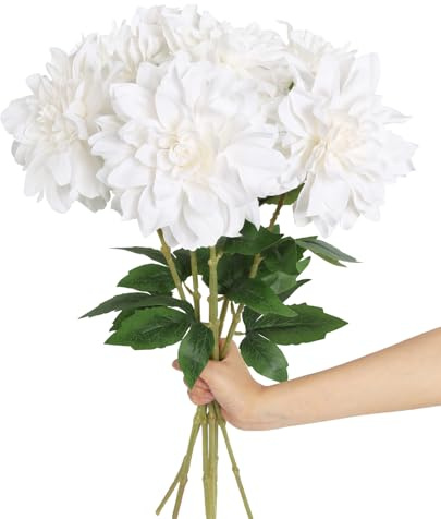 INSUNSIX White Dahlia Artificial Flowers,6PCS Faux Dahlia Flowers 23.62 Fake Silk Flowers with Stems for Wedding Party Home Decorations(White)