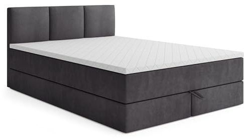 MRGROUP Boxspringbett mit Bettkasten RYGA 160 x 200 cm, Samtstoff, Polsterbett mit Bonell-Matratze und Topper, Doppelbett mit Stauraum, Bett für Schlafzimmer, Gepolstertes Kopfteil, H3, dunkelgrau