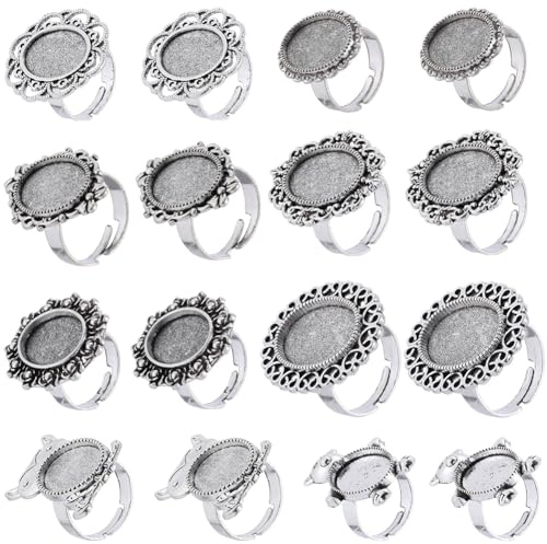 SUNNYCLUE 16 Stück 8 Stile Silberfarbene Cabochon Ringrohlinge Verstellbare Ringrohling Fassungen Metalllegierung Antike Lünetten Cabochons Ovale Fingerringe Basismasse Für Schmuckherstellungs Kits Da