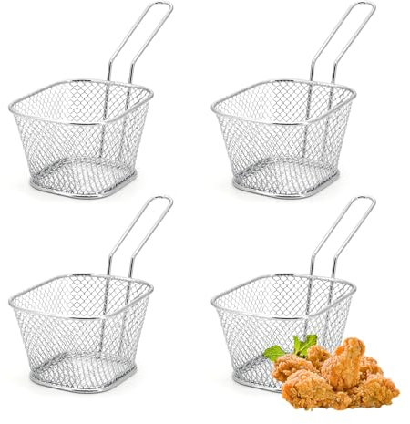 Mini Square Fry Basket Stainless Steel French Fries Holder Deep Fryer Baskets with Handles, Table Serving Frying Chips Baskets, French Fry Holder for Kitchen Party Barbecue (4)