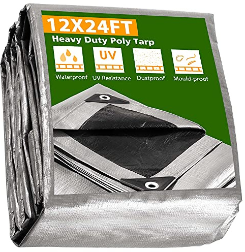 HeyJiaYu Waterproof Tarp 12 X 24 Ft Heavy Duty 14mil Extra Thickness, Aluminum Grommets, Silver Black Poly Tarp, Tarpaulin Ground Sheet Camping Tent Cover