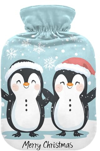 Wärmflasche, 2 l, großer Wärmbeutel mit weichem Plüschbezug, Pinguine, Weihnachten, auslaufsicherer Schraubverschluss, ideal für Wintersport, Outdoor, Rücken, Nacken und Bein, kalte Muskelschmerzen