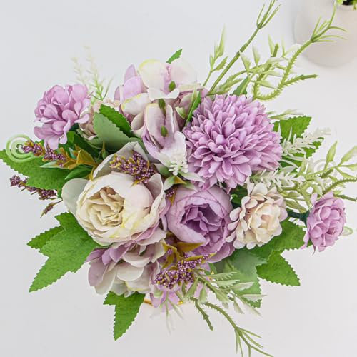 KARLOR Künstlich Blumenstrauß Set, 7 Zweige lila Kunstblumen Pfingstrosen Hortensien Chrysanthemen Hellviolett Kunstblumen wie Echt Seidenblumen Hochzeit Blumenarrangements Heim Deko (Hellviolett)