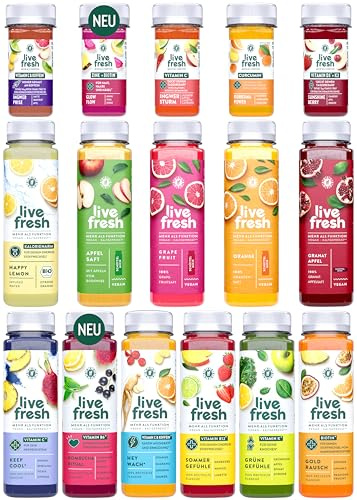 LiveFresh Saft & Shot Probierpaket – 12 Säfte (250ml) & 8 Shots (60ml) – Kaltgepresst aus frischem Obst & Gemüse – Frisch gepresste Fruchtsäfte ohne Zucker & Zusätze