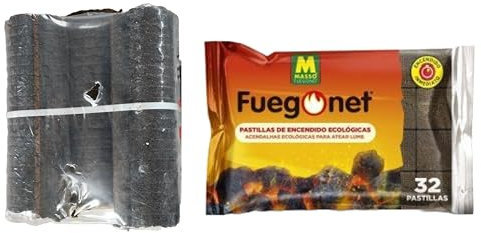 Pack Briquetas de encina 5 Troncos (6.5kg Aprox.) + Pastillas de Encendido ecológicas 32 uds. Ideal para chimeneas y Estufas. 100% Natural.