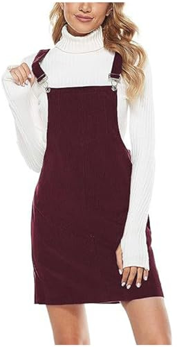 Mrat Women's Dress Corduroy Dungarees Sleeveless Vintage Cami Dresses A-Line Mini Overall Dress Pinafore Ladies Teen Girls Casual Party Solid Color Strap Short Overalls