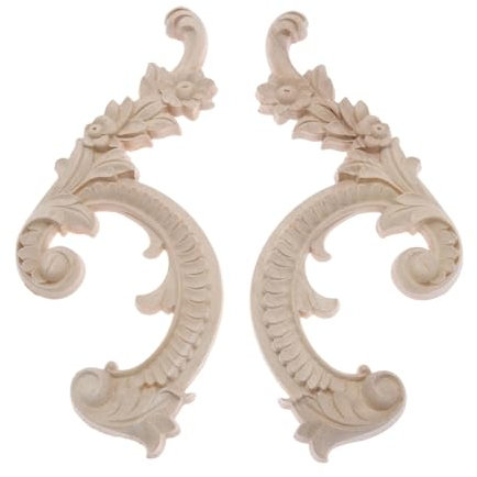 Legno Intarsiato Applique 1 Coppia Sinistra e Destra Cornice in legno intagliato unico non verniciato Onlay Applique Decorazione angolare di ante di mobili 25x10 cm 2 pezzi Carving Decal Flower Carved