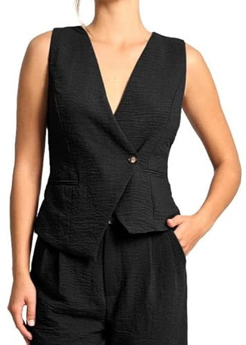Amazhiyu Gilet da donna, in lino, corto, senza maniche, scollo a V, in lino, vintage, estivo, con bottoni, vestibilità regolare, Nero , L