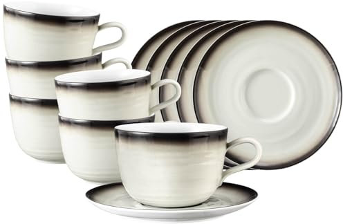 Seltmann Weiden Terra Milchkaffeetassen mit Untertassen 6er Set, 400 ml, Cappuccino-Set für 6 Personen mit spiralförmigem Relief, Spülmaschinen- und mikrowellenfest, Porzellan, Corso