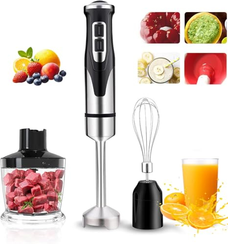 Hand Blender, 2000W 4-in-1 Kitchen Tool with Stainless Steel Curved 4-Blades, 2-Speed+Turbo Large Control Knob, Chopper, 500ml & 600ml Cups, Whisk Ideal for Purees Smoothies