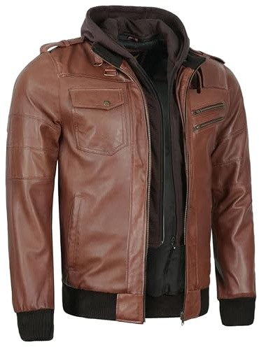 Leatherick Chaqueta Premium de Piel de Cordero para Hombre – Capucha Extraíble de Polar con 7 Bolsillos Funcionales y Cierre Frontal con Cremallera (FR/ES, Letras, M, Regular, Regular, Marrón)