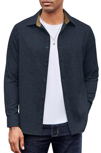 COOFANDY Camicia da Uomo a Maniche Lunghe in Flanella di Cotone e Velluto a Coste vestibilità Regolare Camicia Casual Blu Navy XL