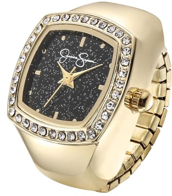 Jessica Simpson Women's Gold Adjustable Ring Watch – Crystal Bezel, Quartz Analog Mini Dial, Stretch Band Fashion Jewelry Accessory
