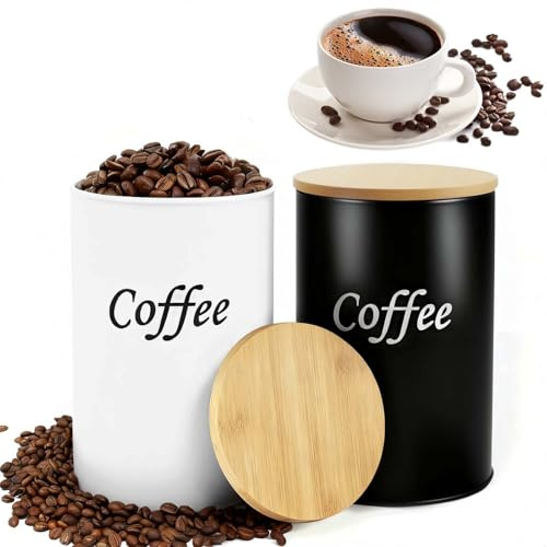 Set da 2 barattoli per caffè ermetici (Nero & Bianco), 1000 ml con coperchio in bambù – contenitori per chicchi di caffè, caffè macinato, capsule e cialde – ideale per cucina, coppie e amanti del cafè