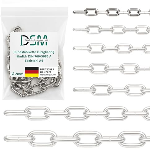 DSM – Rundstahlkette 2 mm Ø – kurzgliedrig DIN 5685 – Edelstahl A4 – 1 m | 2 Stück Meterware – Bruchlast 200 kg [TrueSpec Präzision] Edelstahlkette rostfrei für Garten, Boot, Werkstatt & Dekoration