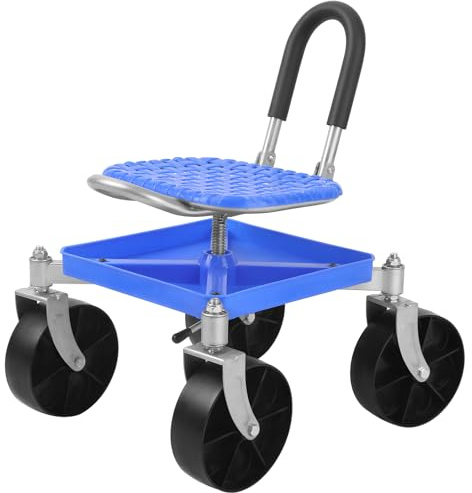 fiakoais Gardening Rolling Seat, Adjustable Height Rolling Garden Cart with 360 Degree Swivel Stool, Heavy Duty Steel Work Seat with Tool Tray, Mobile Garden Stool for Gardeners Adults Seniors (Blue)