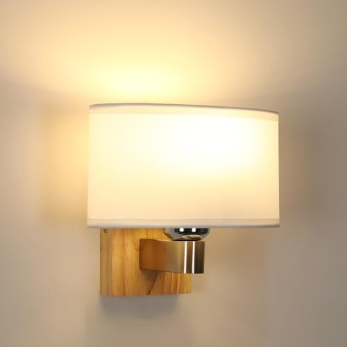 Mckalen Wandleuchte Holz Innen E27, Weiß Quadratische Wandlampe mit Stoff Lampenschirm, Vintage E27 Wandbeleuchtung Holz für Wohnzimmer Schlafzimmer Flur Esszimmer (Ohne Glühbirne) | E27 Wandleuchte Retro Wandleuchte für Wohnzimmer Schlafzimmer Flur Studie Treppen (ohne Glühbirne)