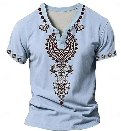 Camisa estampada retro para hombre, informal, con botones, manga corta, deportiva, azul celeste, L