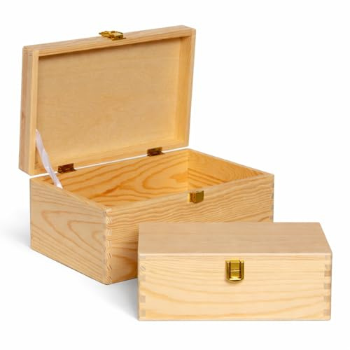 2 Holzboxen mit Deckel und Verschluss – Aufbewahrungsboxen aus Holz – leere Geschenkbox, Erinnerungsbox für Karten, Briefe und kleine Andenken, 30 x 20 x 14 cm (+/-1cm) und 21,5 x 14 x 9,5