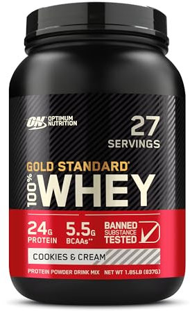 Optimum Nutrition Gold Standard 100% Whey Protein, Muscle Building Powder With Naturally Occurring Glutamine and BCAA Amino Acids, Cookies and Cream Flavour, 28 Servings, 896 g
