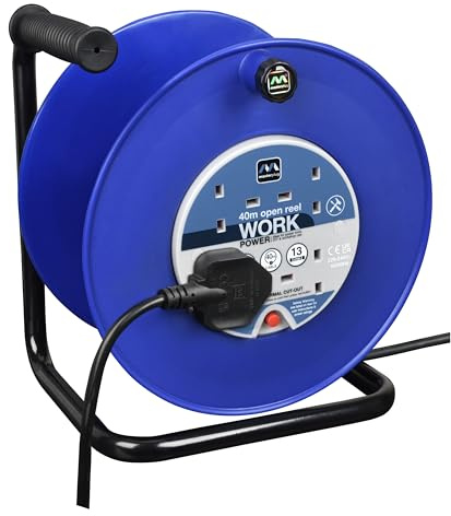 Masterplug Four Socket, 40 Metre Open Cable Reel, Large Extension Lead Reel, Wind-Up Power Retractable Cord Reel, Heavy Duty, Thermal Cut Out, Work Power, Blue/Black, 13A, 4G, 40m, HDCC4013/4BL