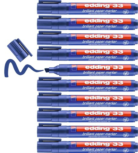 edding 33 Brillant-Papiermarker - blau - 10 Permanent Marker wasserfest - Keilspitze 1-5 mm - leuchtende Farben - lichtbeständige Markierung auf Papier, Karton, Kunststoff, Metall oder Glas