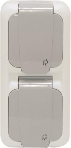 EGB Feuchtraum Steckdose 2-fach senkrecht grau – Wasserdichte robuste Steckdose mit Schnellverschluss, Verbindungsklemmen und Weichmembraneinführungen