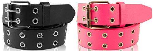 Nietengürtel im 2er Set mit Doppel-Lochnieten, Ösen und Dornschließe für Damen und Herren (Schwarz/Pink - 110/BW95 - Br. 3,5cm)