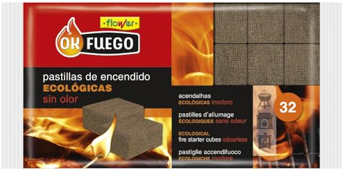 Flower - Pastillas de Encendido Ecológicas | Rápido y Seguro para Chimeneas y Barbacoas | Menos Humos y Olores | 32 Unidades | Compatible con Tierra para Cactus, Marrón, Madera