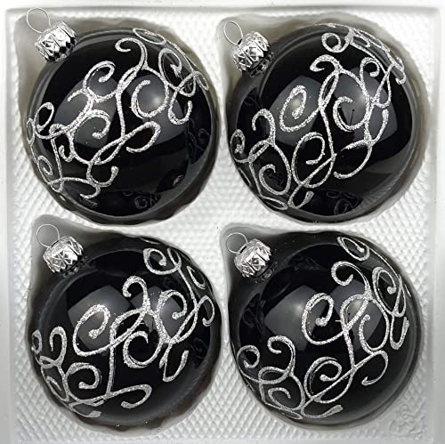 4 TLG. Glas-Weihnachtskugeln Set 10cm Ø in Hochglanz-Schwarz-Silberne-Ornamente Neuheit - Christbaumkugeln - Weihnachtsschmuck-Christbaumschmuck 10cm Durchmesser