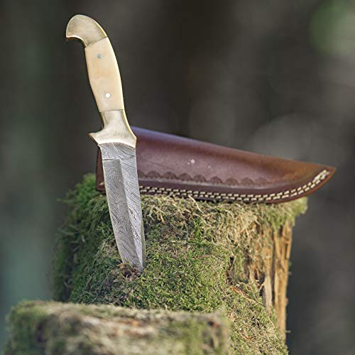 elToro Double Brass Bone, Damast, Jagdmesser, 13cm, inkl. Lederscheide