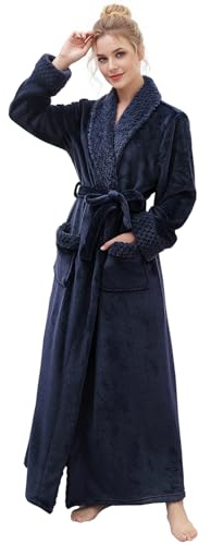 Lång badrock för kvinnor plysch mjuk fleece badrockar nattlinne damer pyjamas nattkläder husrock, marinblå, liten medium