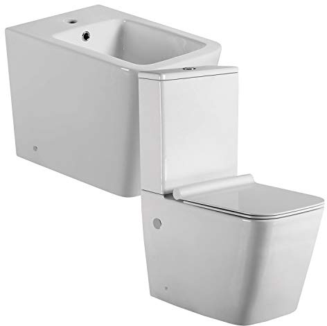 Pack Inodoro completo Cuadrado Fondo Reducido Rimless y Tapa Extrafina con caída Amortiguada + Bidet a Suelo de Baño Moderno - Cerámico Blanco a Juego con inodoro Cuadrado -Sin tapa y Fácil Limpieza