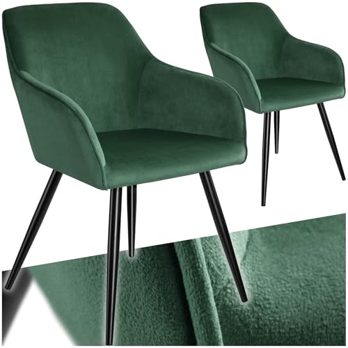 tectake® 2er Set Esszimmer Stuhl, Esszimmerstühle mit Sitzfläche aus Samt, Armlehnstuhl, Sessel Wohnzimmer, gepolsterter Bürostuhl, Schminktisch Stuhl, gemütlicher Küchenstuhl - dunkelgrün/schwarz