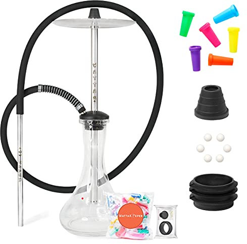 WattaKeeper Narguilé Complete Kit: Chicha Watta 18 + en acier inoxydable, Vase chicha transparent, Lot de Joints chicha pour foyer et vase, Embouts 50 pièces (WAT19T65)