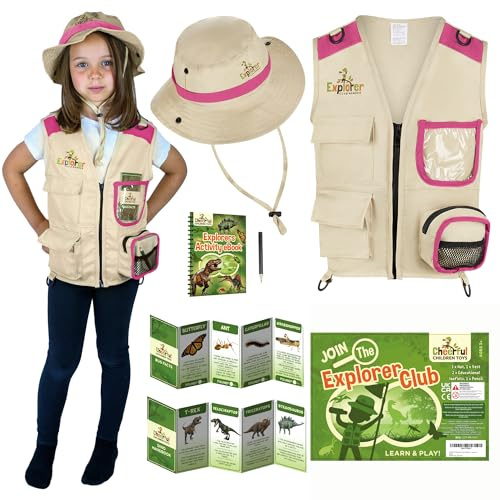 Cheerful Children Toys Explorer Costume Kids, Zookeeper Set Ages 3-7 | Kids Explorer Dress Up, Safari Vest and Hat with Dinosaur & Bug Educational Handbooks, Paleontologist Role Play Toys