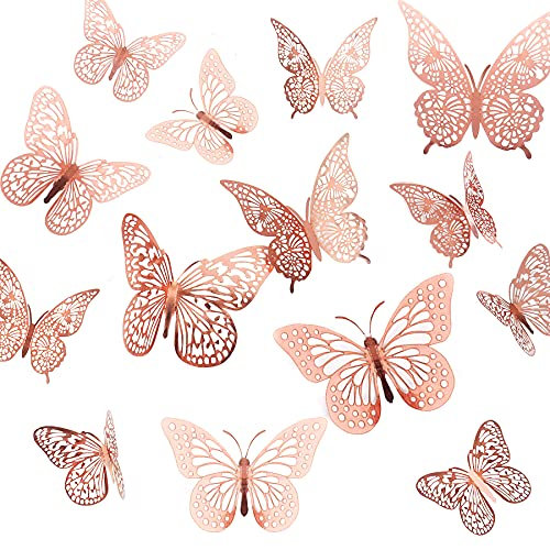 Butterfly Cake Decorations 36 Pcs Glitter 3D Butterflies Cupcake Toppers Rose Gold Hollow Cake Topper for Birthday Wedding Party Sticker Decoration