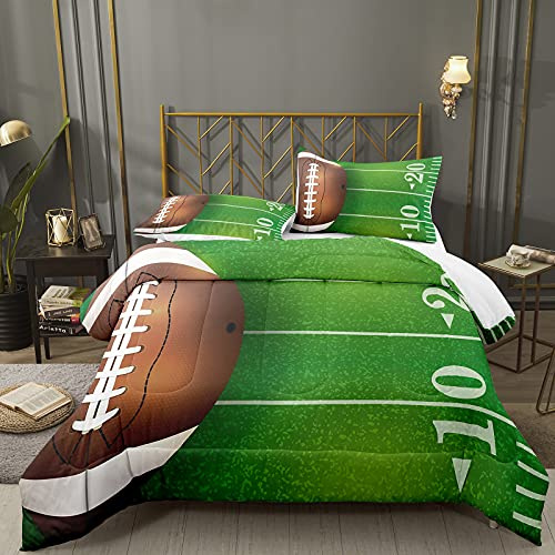 Bodhi Boys Bedding Full,Football Comforter for Boys Kids,Green Rugby Field Football Bedding Set,Green Color Sports Comforter with Pillowcase,Soft Quilt Full Size Comforter Set