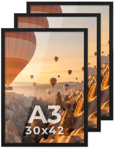 PHOTOLINI Bilderrahmen A3 Schwarz Holz MDF, 3er Set A3 Bilderrahmen 30x42 Holz MDF, DIN A 3 Rahmen mit Acrylglas, Picture Frame 42x30 zum Aufhängen, Rahmen 42 x 30 mit Zubehör für DINA3 Fotos, Poster