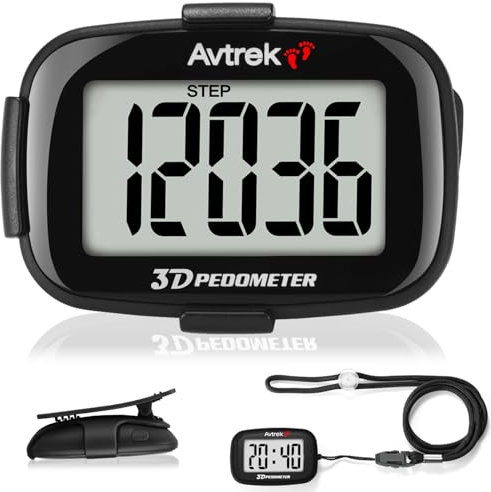 AVTREK Step Counter with Clip and Lanyard, 3D Pedometer with Time Display and LED Backlight, Simple Step Counter for Walking Running, Men Women Elder(Black)