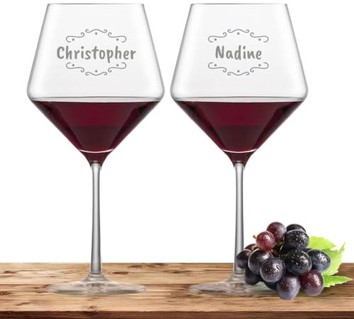 2x Rotweinglas mit Namen oder Wunschtext graviert - Zwiesel Glas Glas Burgunderglas PURE - Weinglas personalisiertes Geschenk (Verzierung 02)