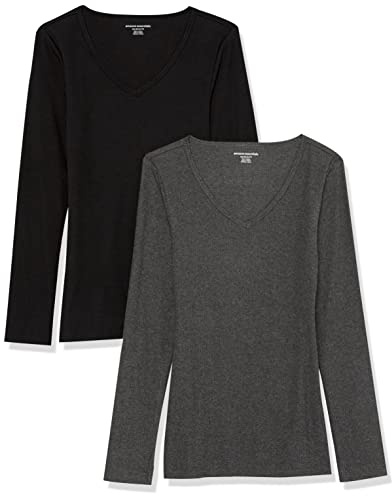 Amazon Essentials Lot de 2 Manches Longues en Tricot côtelé à Manches Longues et col en V pour Femme (Disponible en Grande Taille), Noir/Anthracite chiné, Taille M