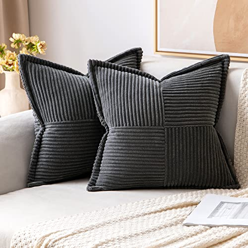 MIULEE 2er Set Kissenbezug 40×40cm Kordsamt Biese Patchwork Dunkelgrau