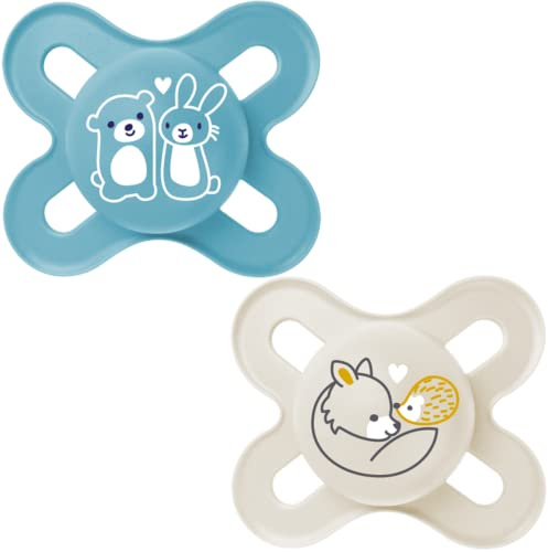 MAM Start Pure Schnuller 0-2 Monate (2er-Set), Baby Schnuller aus nachhaltigem und biologisch erneuerbarem Material, SkinSoft Silikon-Sauger, mit MAM Schnulleretui, blau/creme
